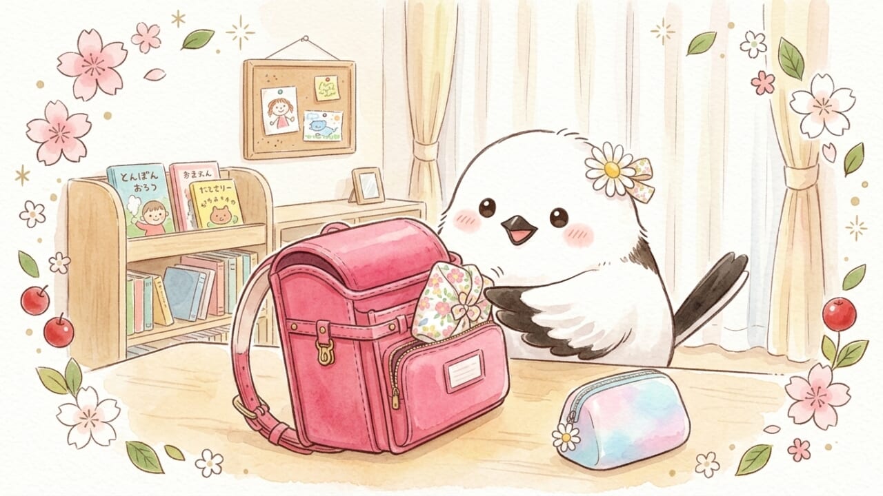ランドセルにハンカチの包みを入れるシマエナガのイラスト
