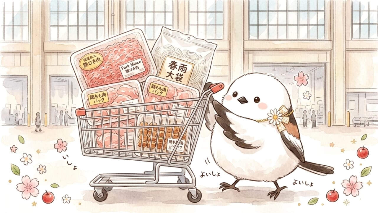 カートを押すシマエナガのイラスト