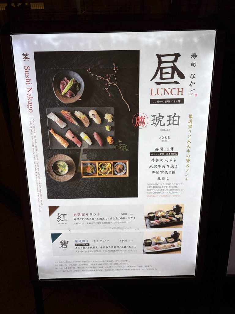 寿司なかごのランチコース3種類の看板