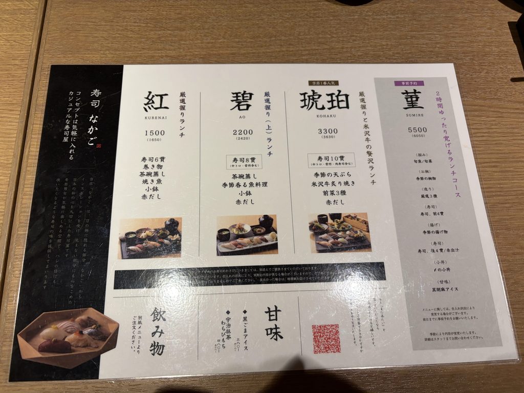 寿司なかごのコース表