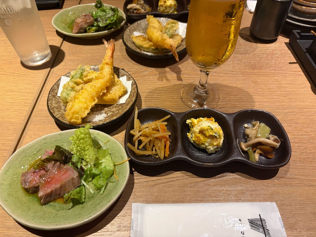琥珀ランチの天ぷらと米沢牛炙り焼きと季節前菜
