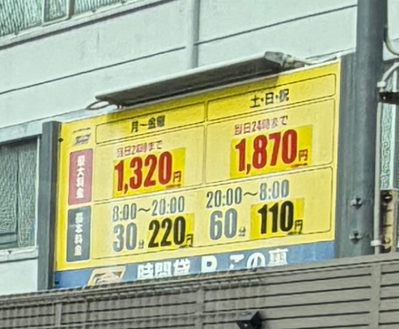 ひらかたパーク近くのタイムズの料金看板