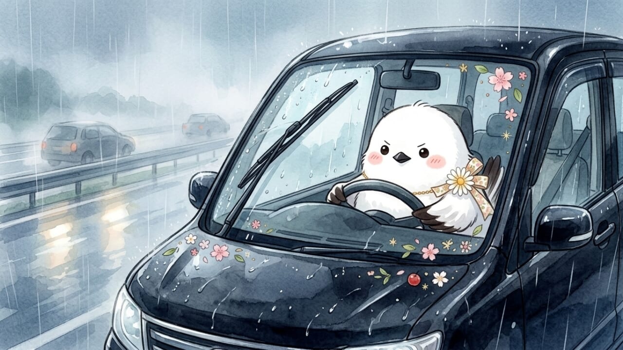 雨の高速道路を運転するシマエナガのイラスト