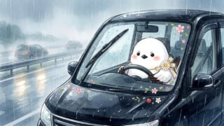 雨の高速道路を運転するシマエナガのイラスト
