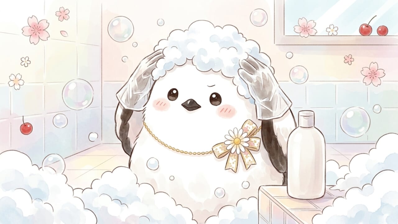 手袋をしてシャンプーするシマエナガのイラスト