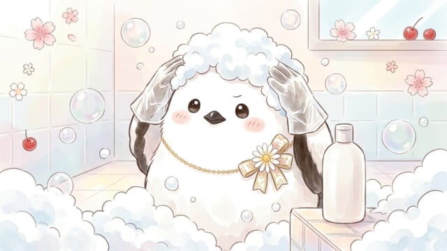 手袋をしてシャンプーするシマエナガのイラスト